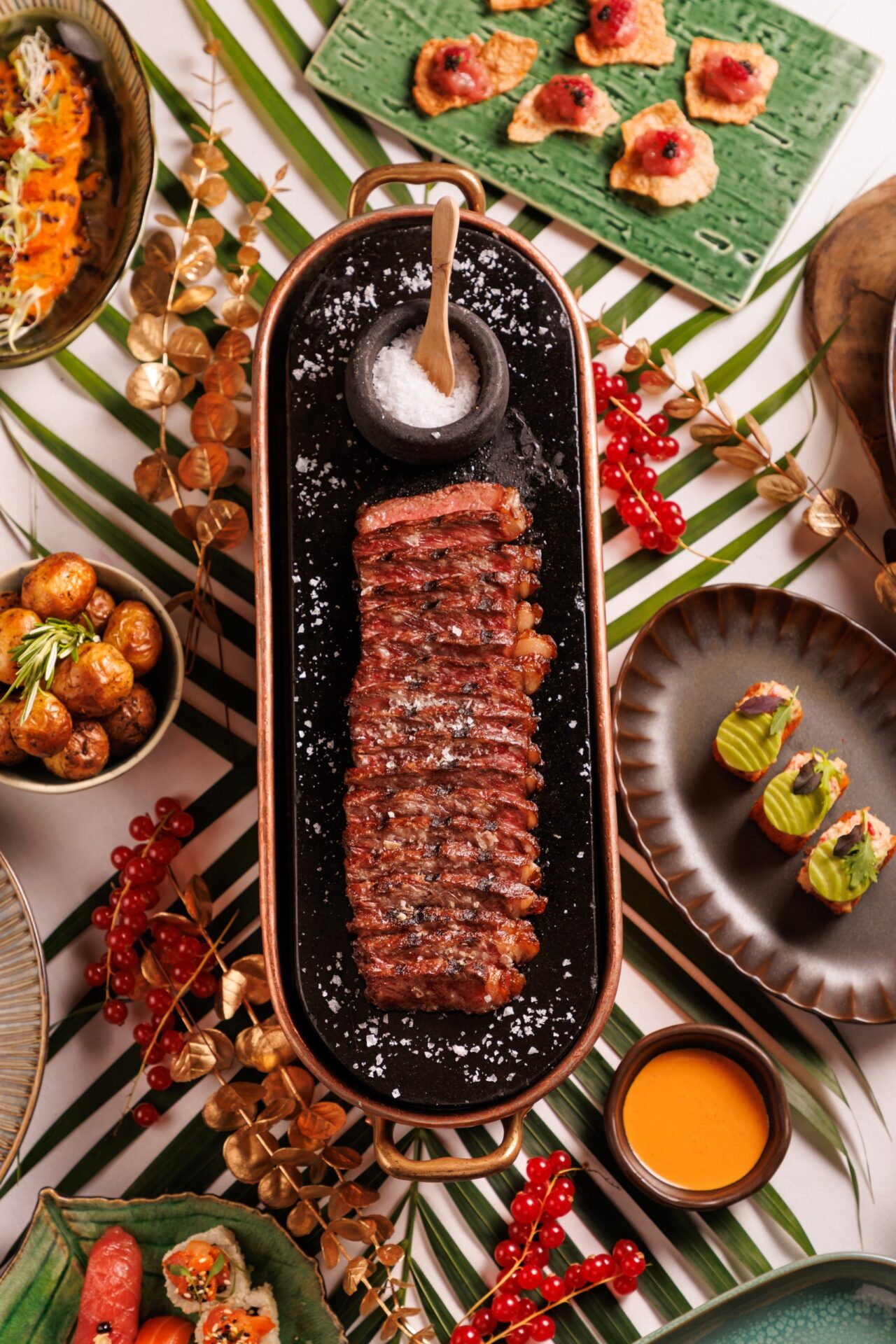 Table of Christmas Latin American sharing dishes at Amazónico London restaurant in Mayfair