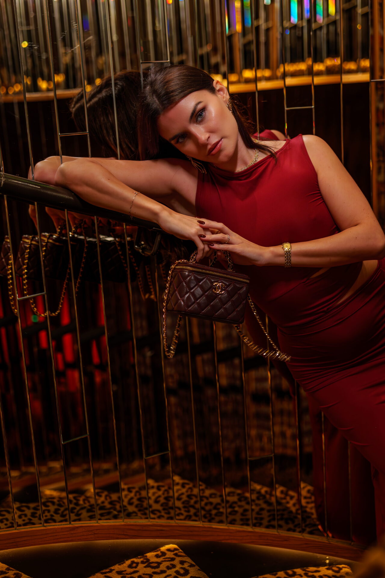guest in red dress decending to Selva, Amazonico's night club