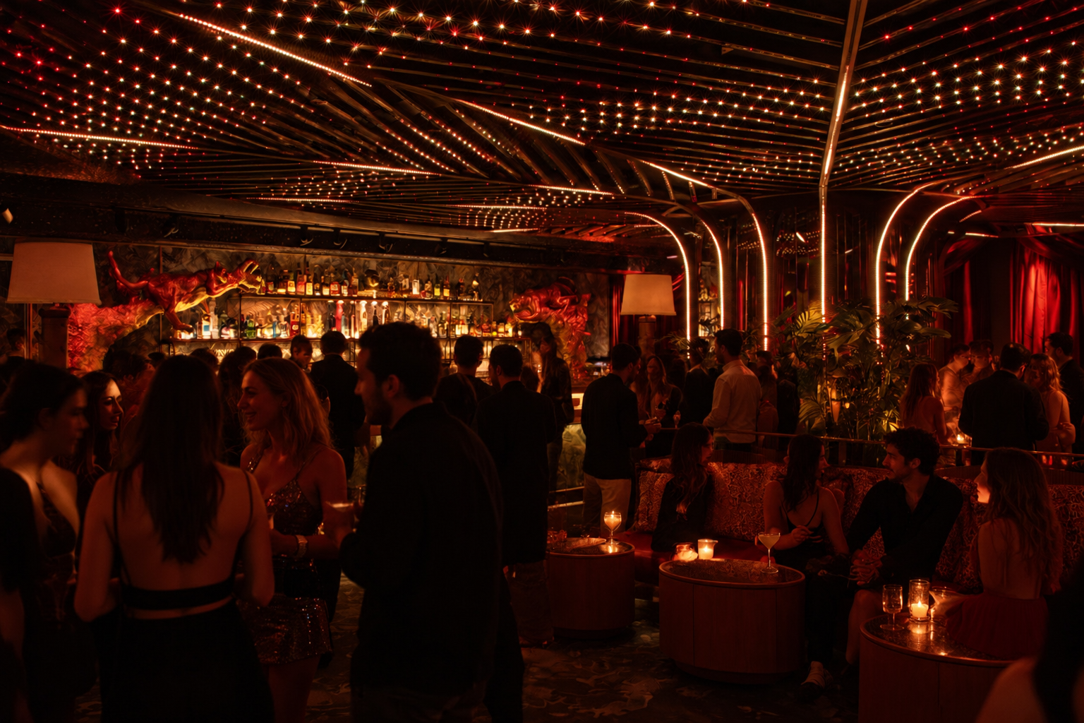 Selva Monte Carlo comes alive after dark, with a stylish crowd, glowing red and amber lights, a sparkling ceiling canopy and an intimate lounge atmosphere.